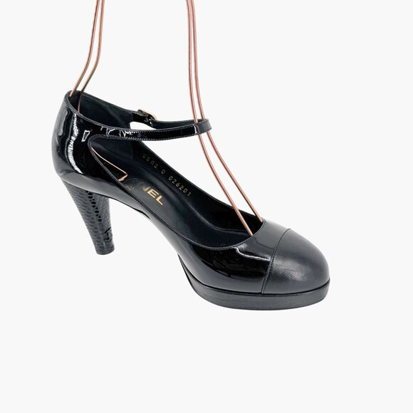 Chanel Platform Pumps Size 38 US 7-7.5 Black Patent Cap Toe Mary Jane Mid Heel - Picture 12 of 15
